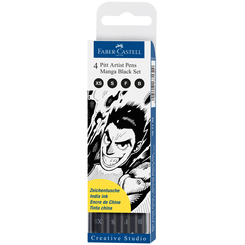 Набор капиллярных ручек Faber-Castell "Pitt Artist Pens Manga Black set" черные, 4шт., 0,1/0,3/0,5мм/Вrush, европодвес - фото 1