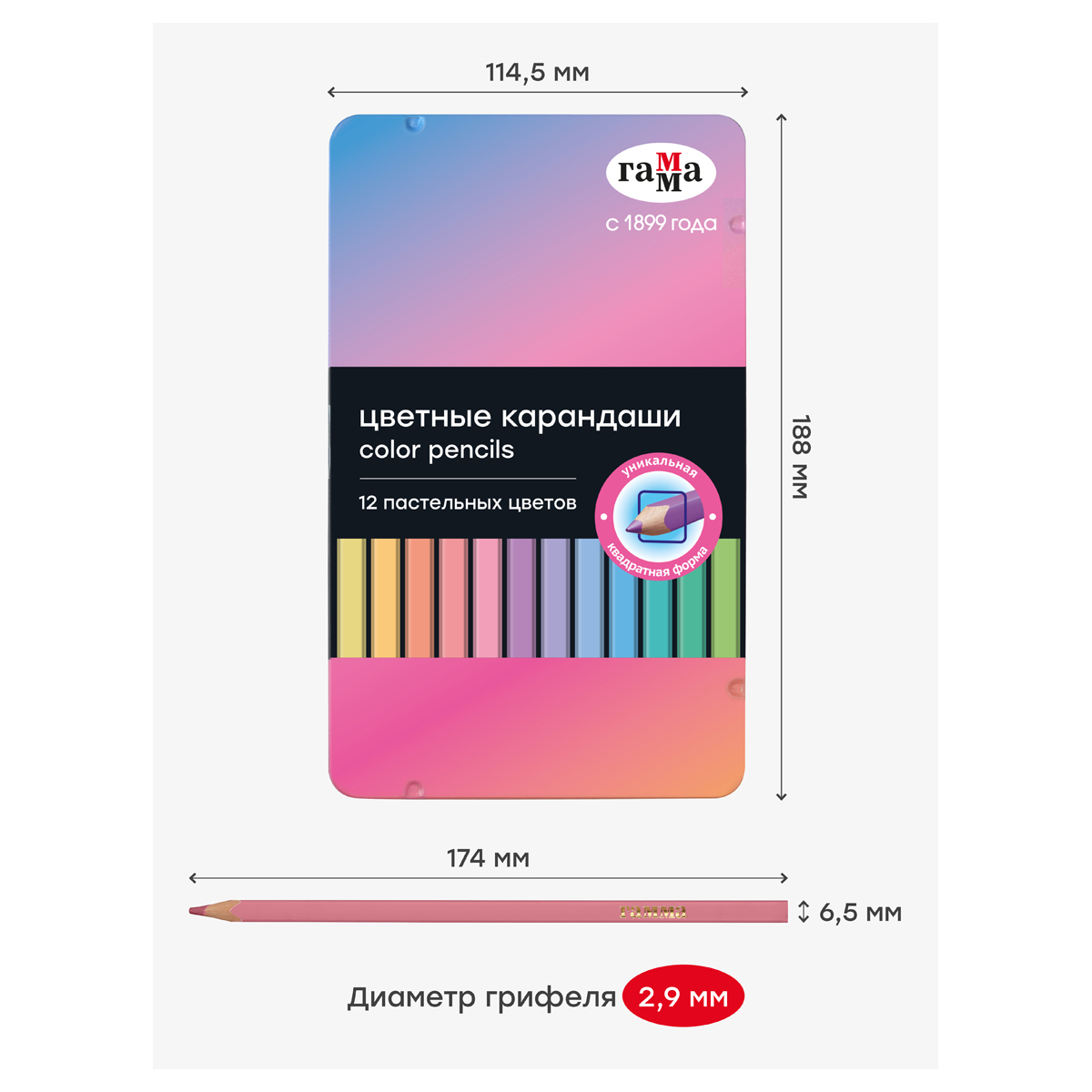 Карандаши цветные Гамма, 12цв., квадратные, пастельн., заточен., метал. пенал - фото 4