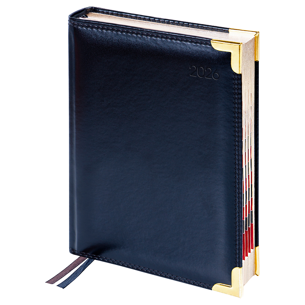 Ежедневник датированный 2026г., А6, 184л., Delucci, Гладкая кожа, зол. срез, черный - фото 1