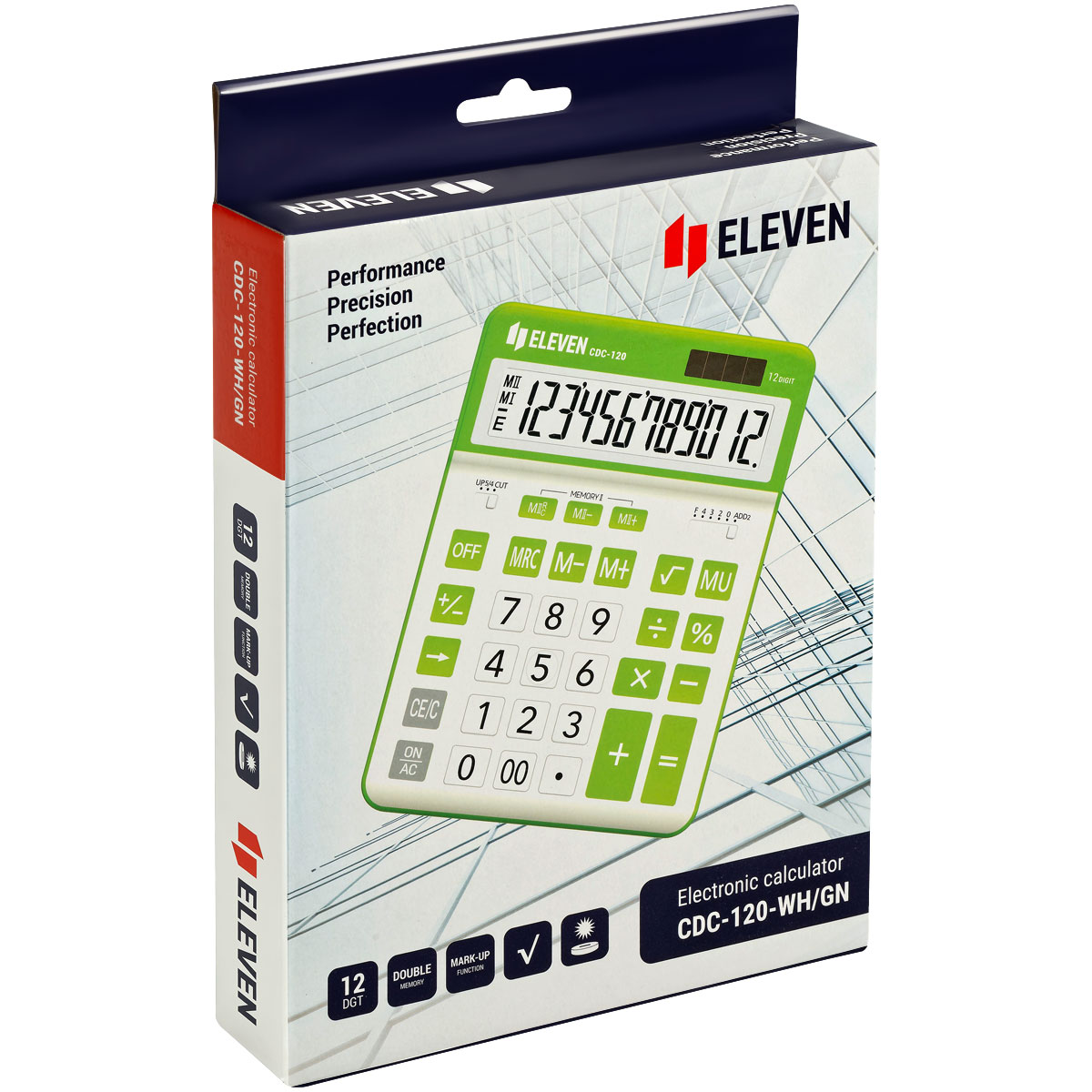 Калькулятор настольный Eleven CDC-120-WH/GN, 12 разрядов, двойное питание, 155*206*38мм, белый/салатовый - фото 6