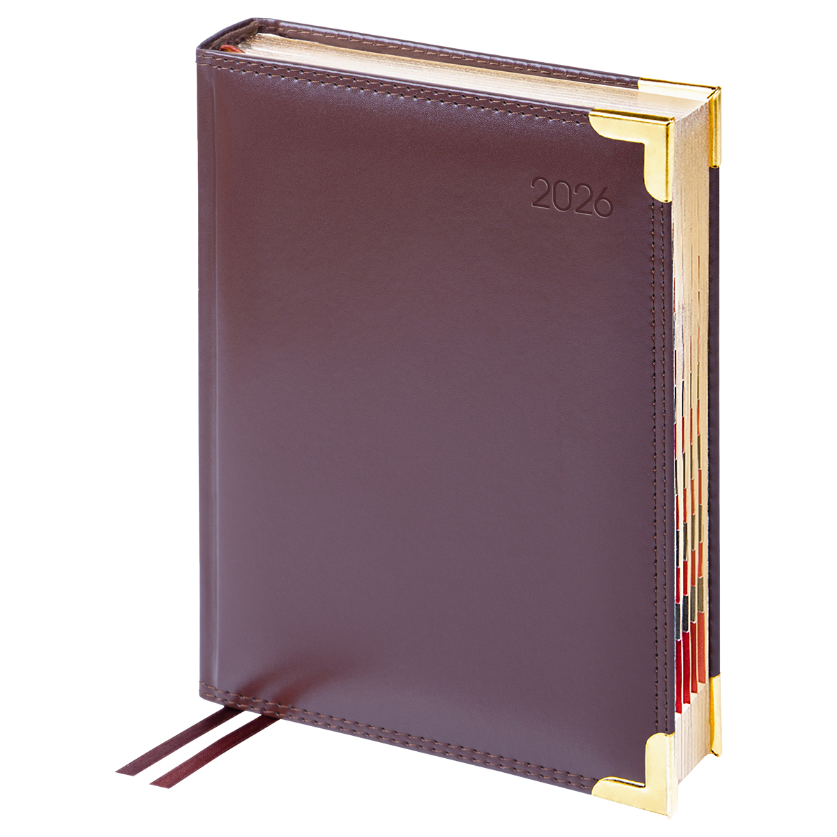 Ежедневник датированный 2026г., А6, 184л., Delucci, Гладкая кожа, зол. срез, коричневый - фото 1
