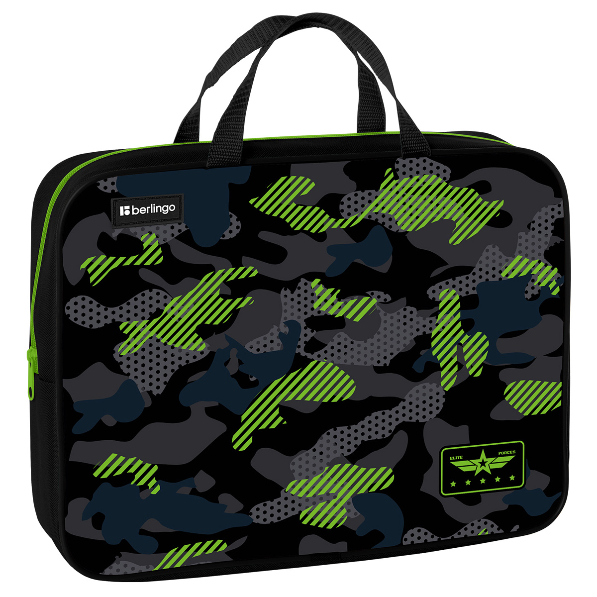 Папка текстильная с ручками 1 отделение, А4 Berlingo "Black and green", 350*265*80мм, текстиль, на молнии - фото 1