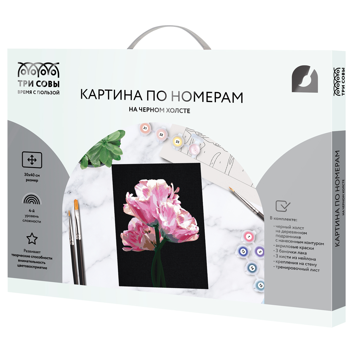 Картина по номерам на черном холсте ТРИ СОВЫ "Розовые цветы", 30*40, c акриловыми красками и кистями - фото 2