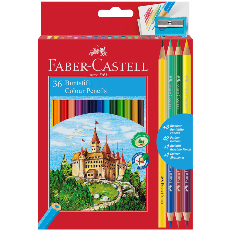 Карандаши цветные Faber-Castell "Замок", 36цв., шестигр., заточ.+6цв.+ч/г кар.+точилка, картон, европодвес - фото 1