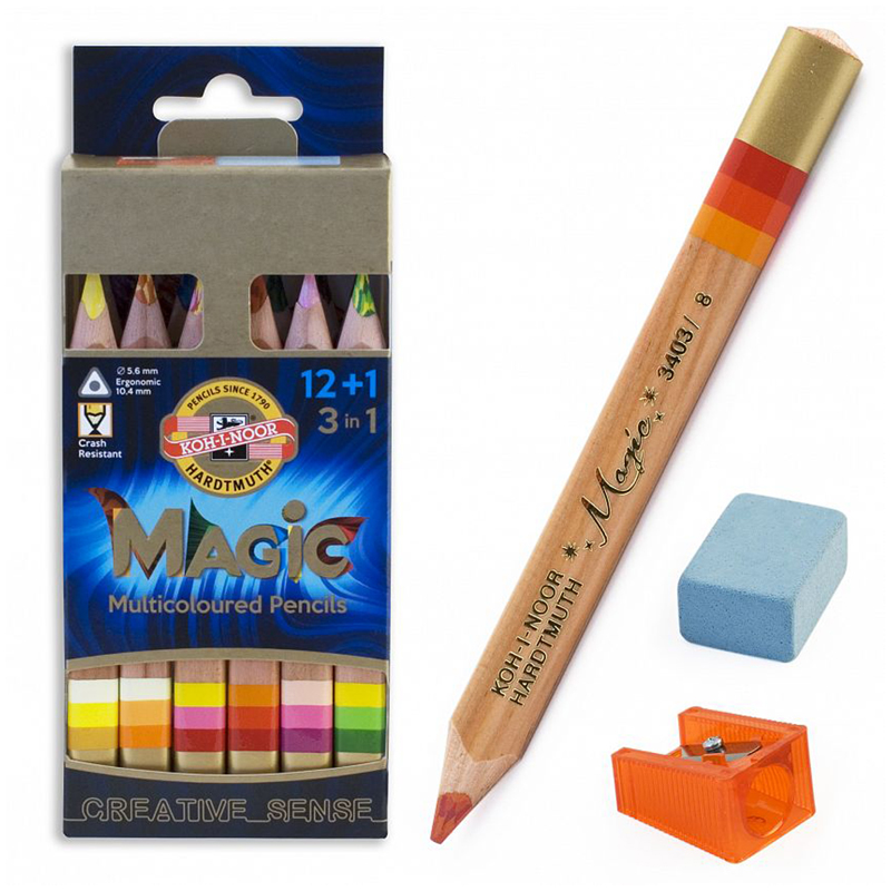 Карандаши с многоцв. гриф. Koh-I-Noor "Magic", 13цв., утолщен, заточ, точилка+ластик, картон, европодвес - фото 2