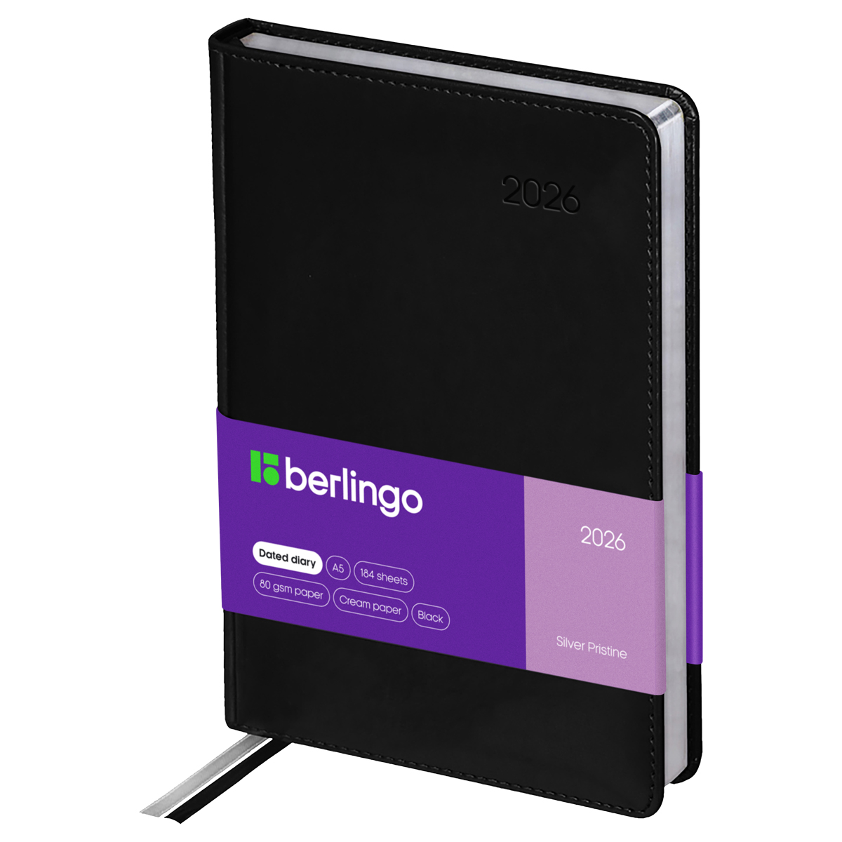 Ежедневник датированный 2026г., А5, 184л., кожзам, Berlingo "Silver Pristine", сер. срез, черный - фото 1