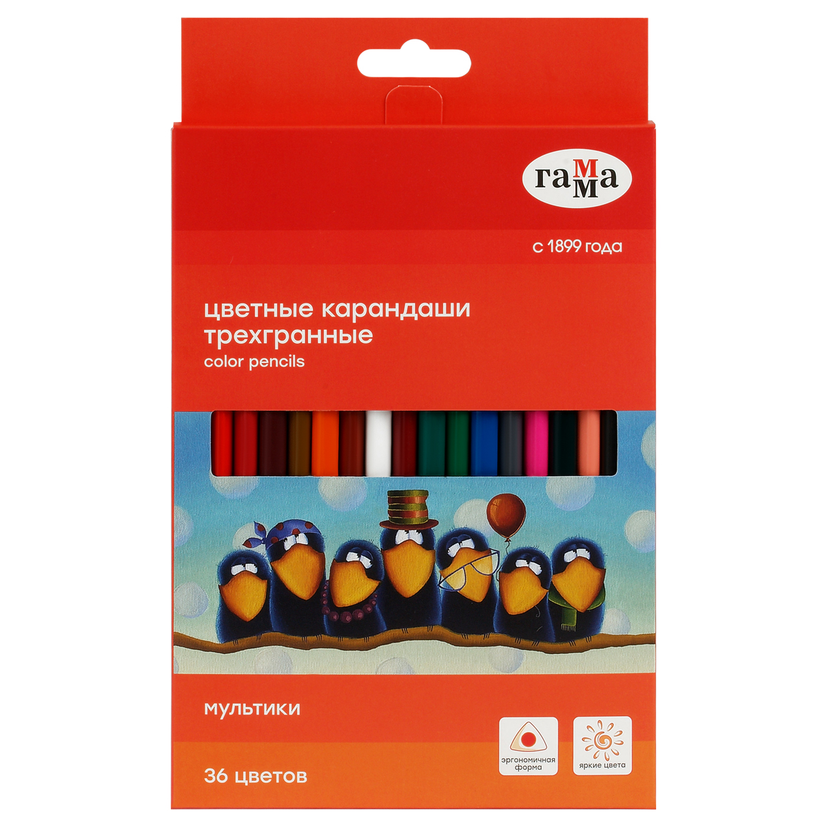 Карандаши цветные Гамма "Мультики", 36цв., трехгранные, заточен., картон. упак., европодвес - фото 1