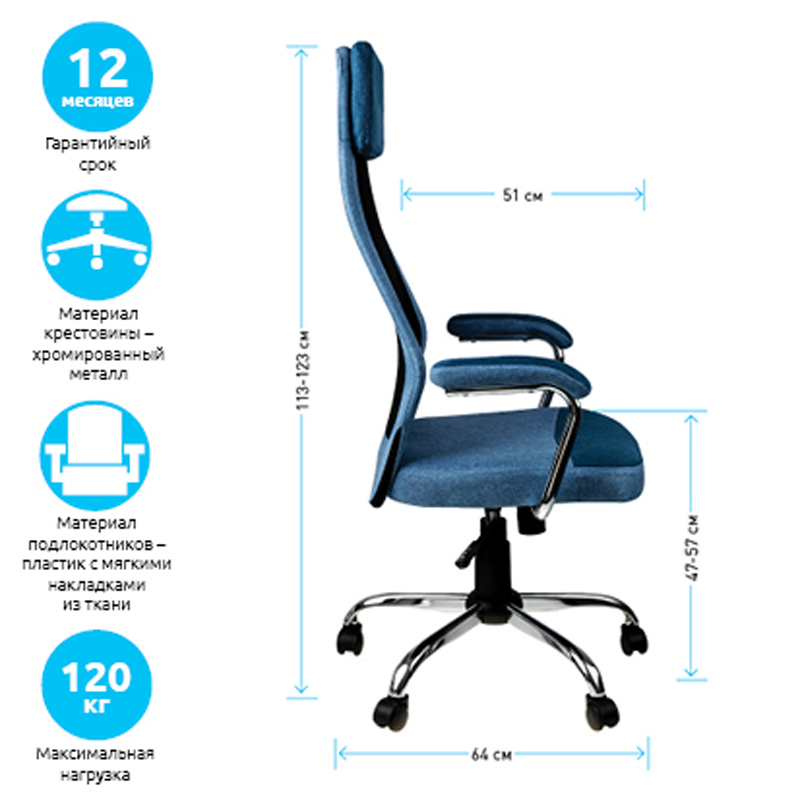 Кресло руководителя Helmi HL-E41 "Stylish", ткань/сетка, синяя/голубая - фото 3