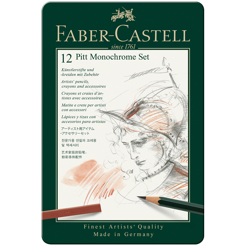 Набор художественных изделий Faber-Castell "Pitt Monochrome", 12 предметов, метал. коробка - фото 1