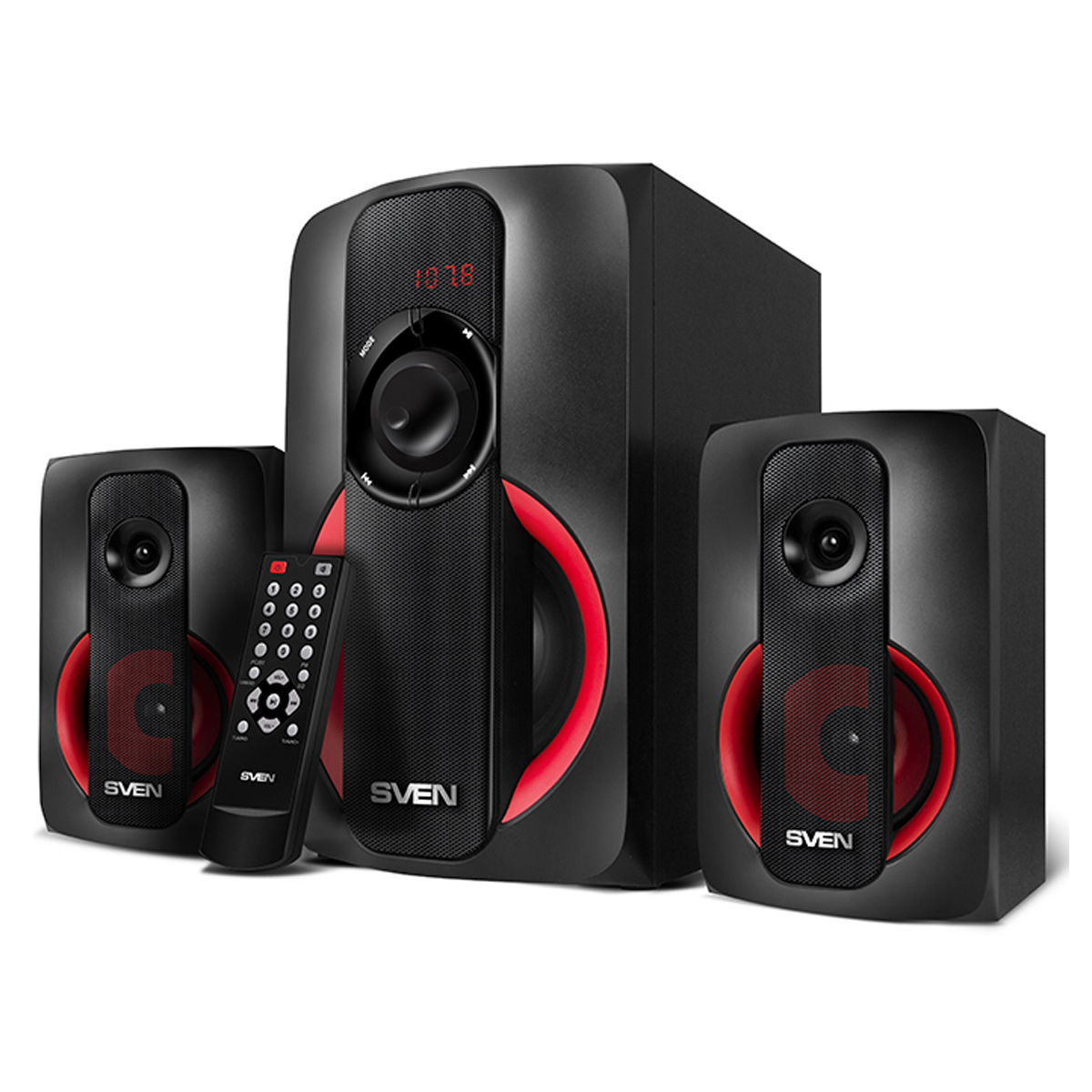Колонки Sven MS-304, 2*10W+Subwoofer 20W, деревянный корпус, Bluetooth, FM, LED-дисплей, пульт, USB, SD, черный - фото 1