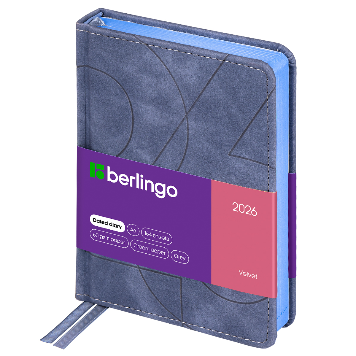 Ежедневник датированный 2026г., А6, 184л., кожзам, Berlingo "Velvet", цветной срез, серый - фото 1