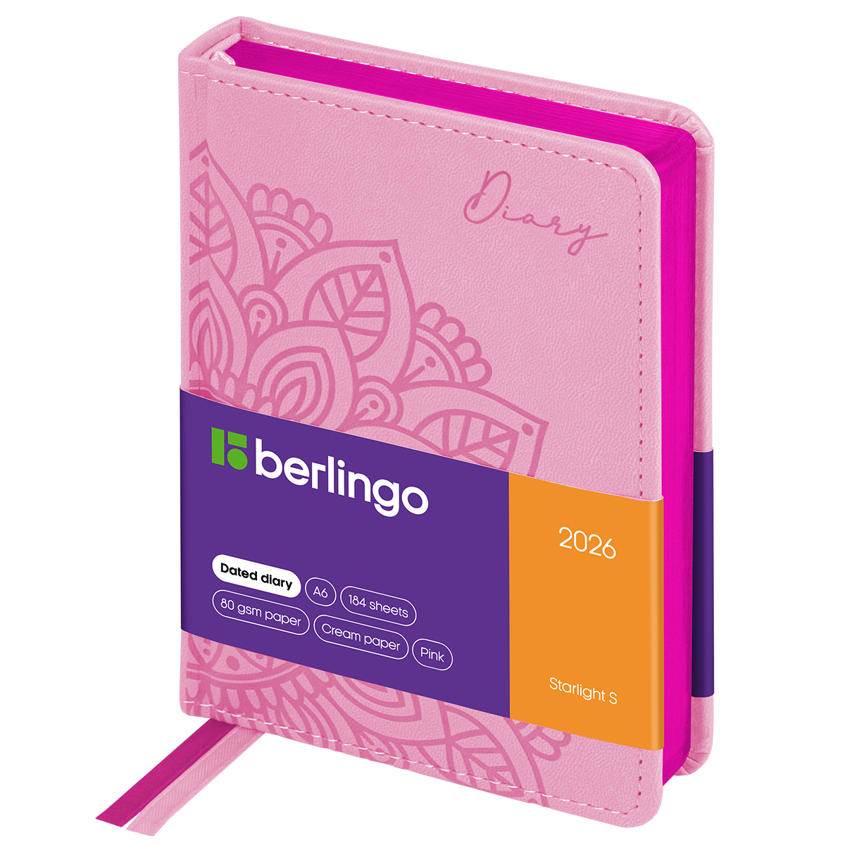 Ежедневник датированный 2026г., А6, 184л., кожзам, Berlingo "Starlight S", металлик срез, розовый - фото 1