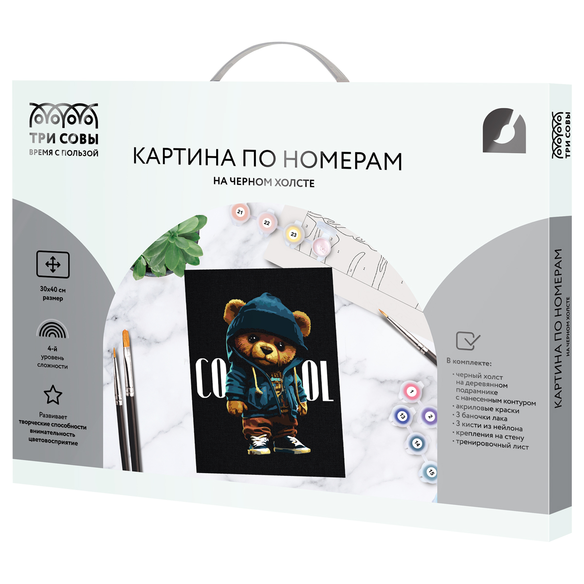 Картина по номерам на черном холсте ТРИ СОВЫ "Медведь", 30*40, c акриловыми красками и кистями - фото 2