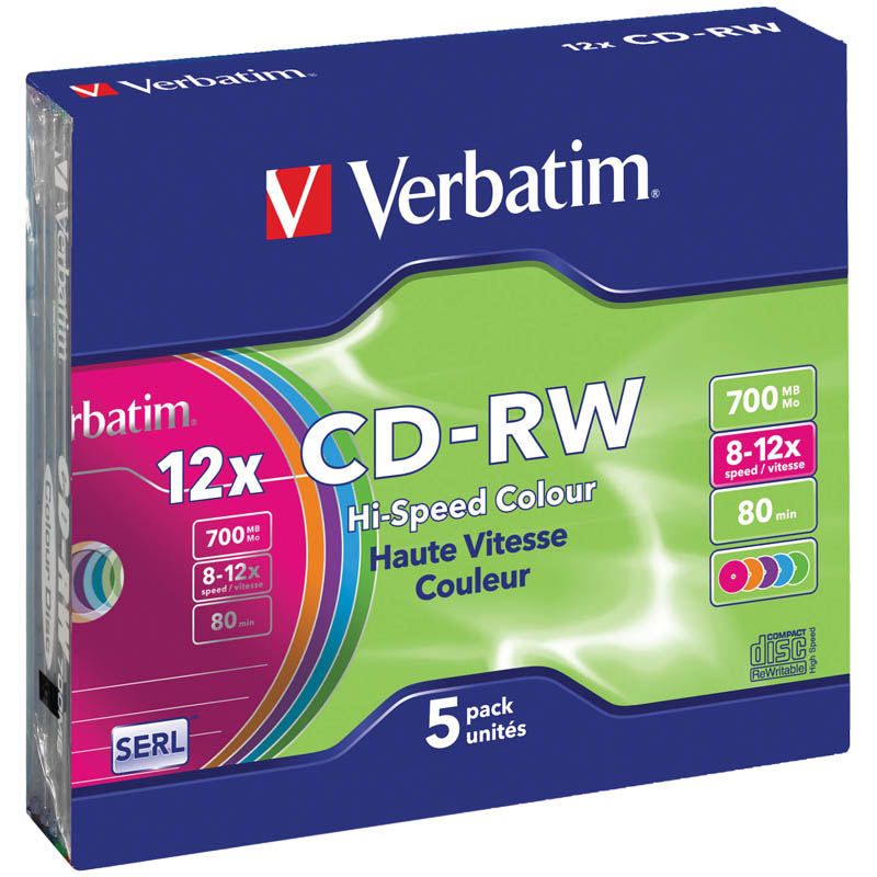 Диск CD-RW 700Mb Verbatim 8-12х Color Slim Case (5шт) - фото 1