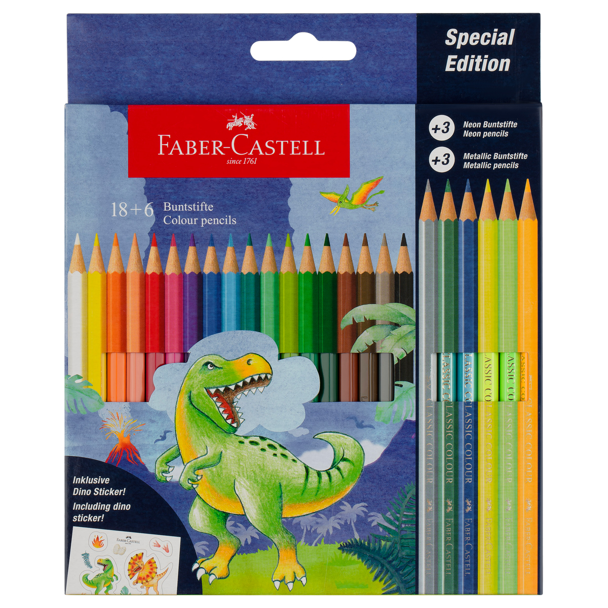 Карандаши цветные Faber-Castell "Dinosaur", 18 цв. + 3 цв. металл. + 3 цв. неон. + наклейки, заточен., картон, европодвес - фото 1
