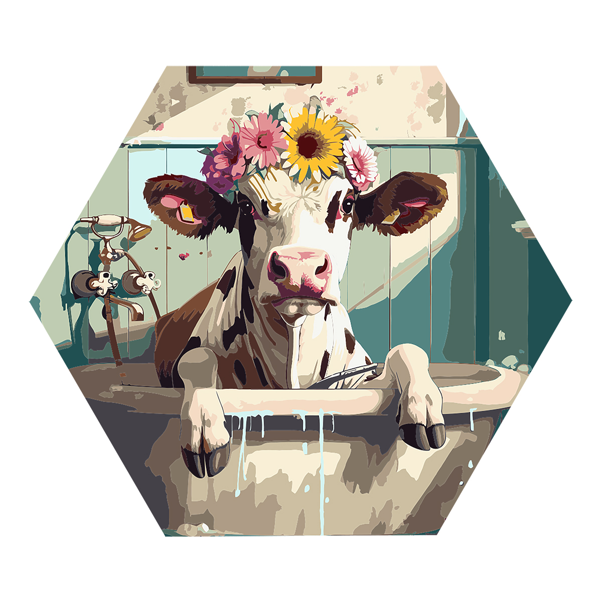 Картина по номерам на фигурном холсте ТРИ СОВЫ "Корова с цветами в ванной", форма многоугольник, с акриловыми красками и кистями - фото 1