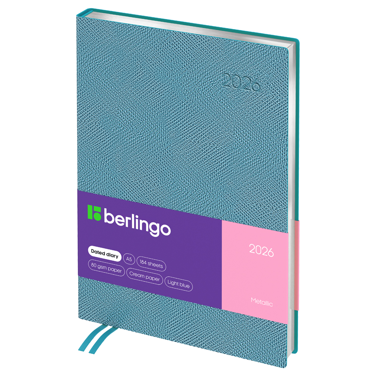 Ежедневник датированный 2026г., А5, 184л., кожзам, Berlingo "Metallic", сер. срез, голубой металлик - фото 1