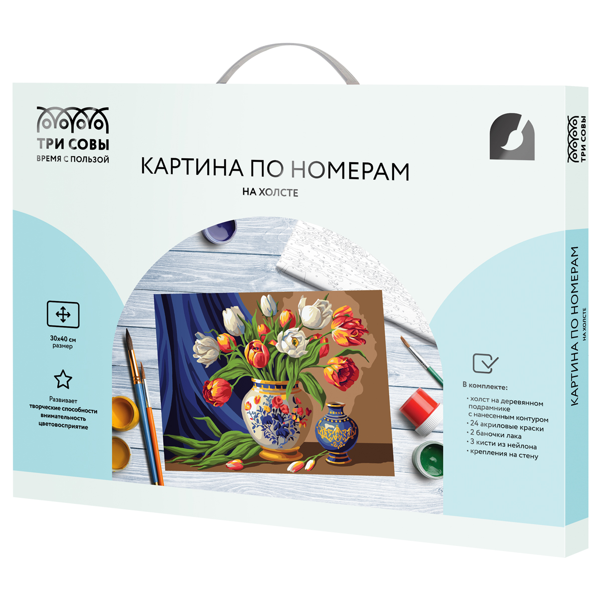 Картина по номерам на холсте ТРИ СОВЫ "Тюльпаны в вазе", 30*40, с акриловыми красками и кистями - фото 2