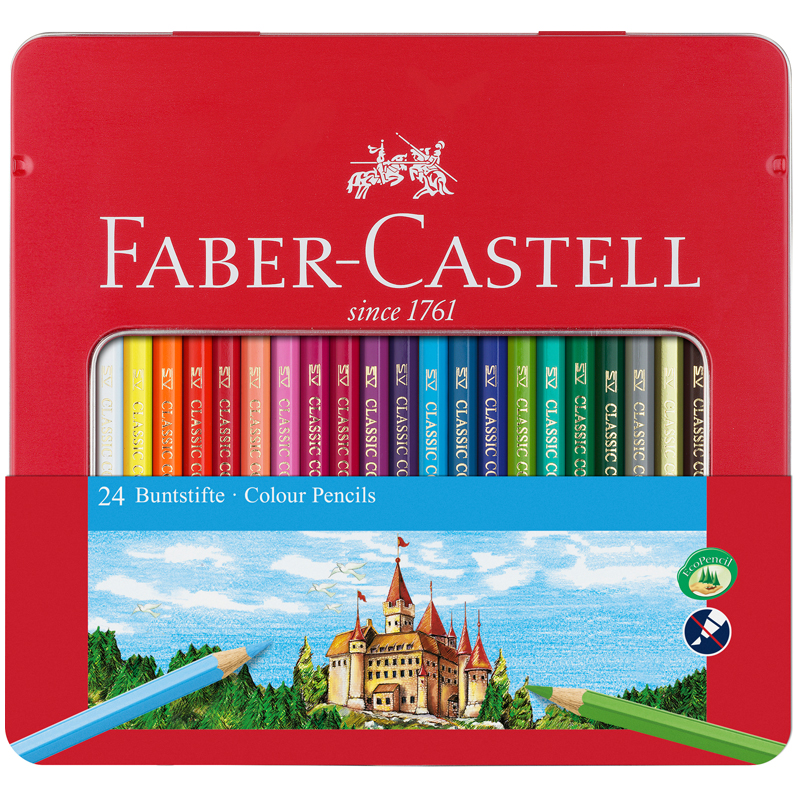 Карандаши цветные Faber-Castell "Замок", 24цв., шестигр., заточ., метал. кор. - фото 1