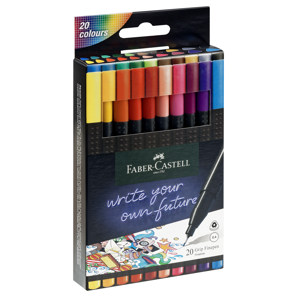 Набор капиллярных ручек Faber-Castell "Grip Finepen" 20цв., 0,4мм, трехгран., пласт. уп., европодвес - фото 1