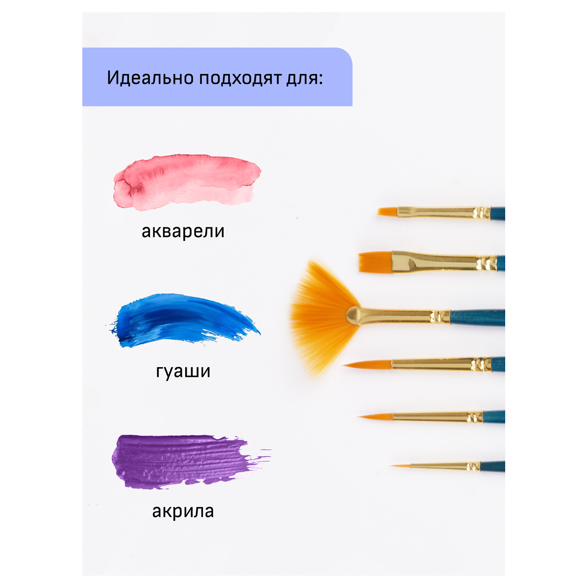 Набор художественных кистей синтетика Гамма "Галерея", 6шт., круглые №2/0, 3, 6, плоские №2, 8, веерные № 4, блистер, европодвес - фото 3