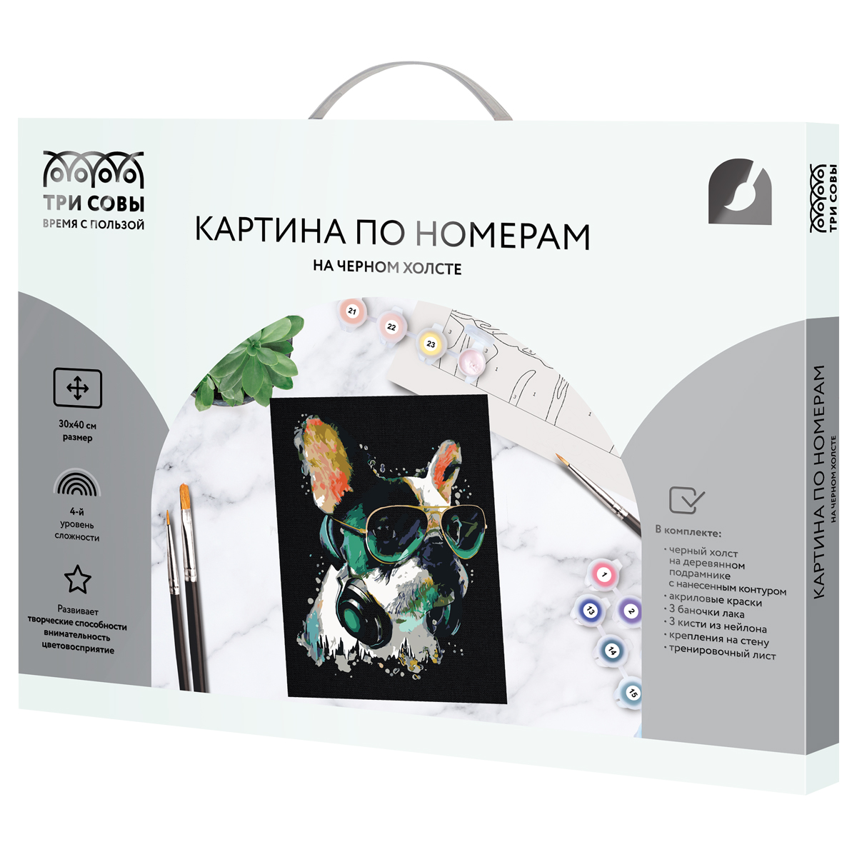 Картина по номерам на черном холсте ТРИ СОВЫ "Меломан", 30*40, c акриловыми красками и кистями - фото 2