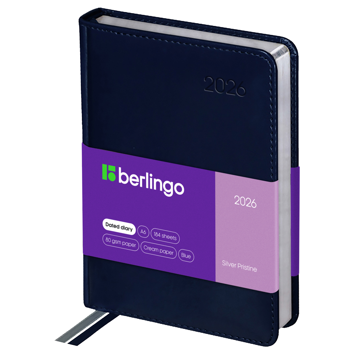 Ежедневник датированный 2026г., А6, 184л., кожзам, Berlingo "Silver Pristine", сер. срез, синий - фото 1