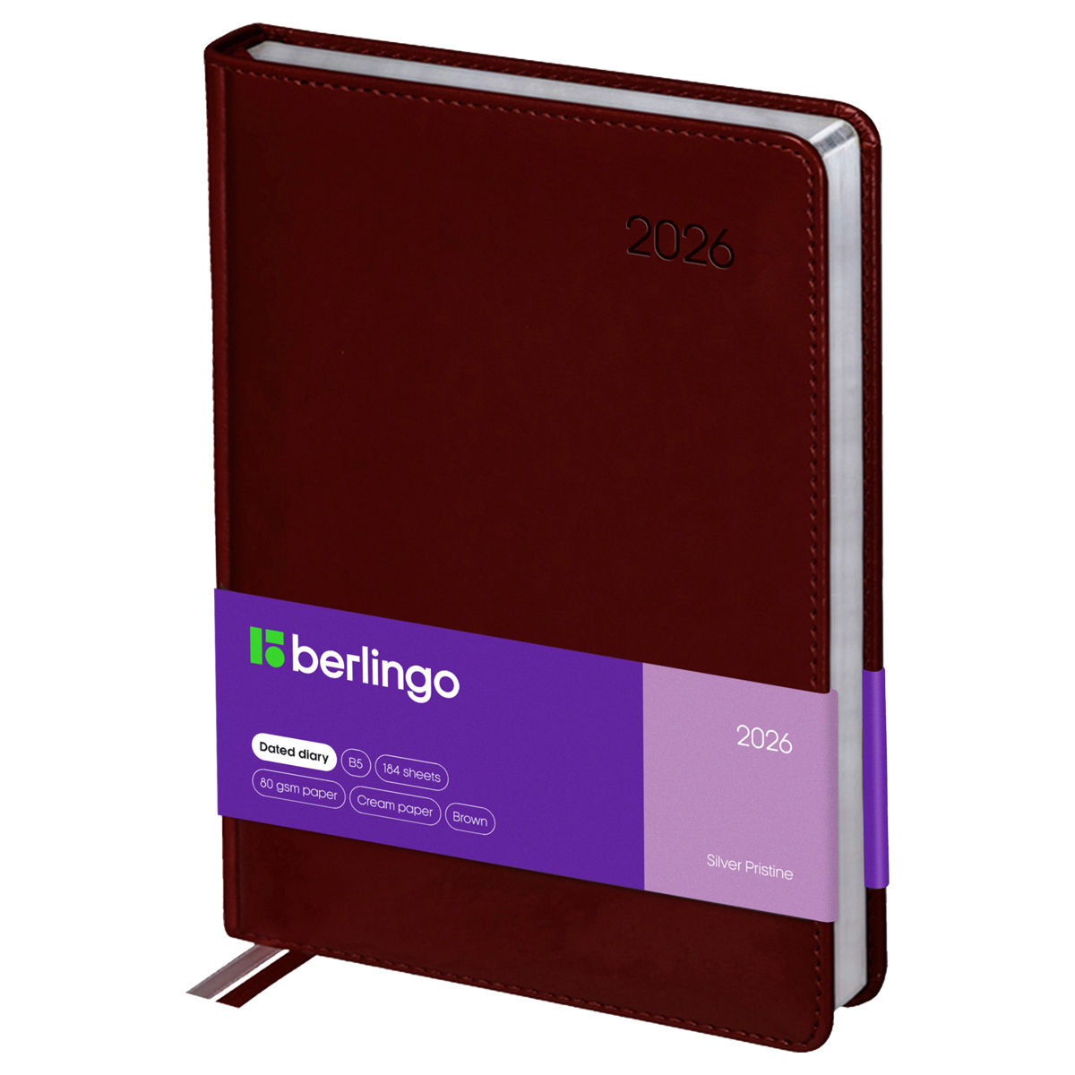 Ежедневник датированный 2026г., А4-(В5), 184л., кожзам, Berlingo "Silver Pristine", сер. срез, коричневый - фото 1