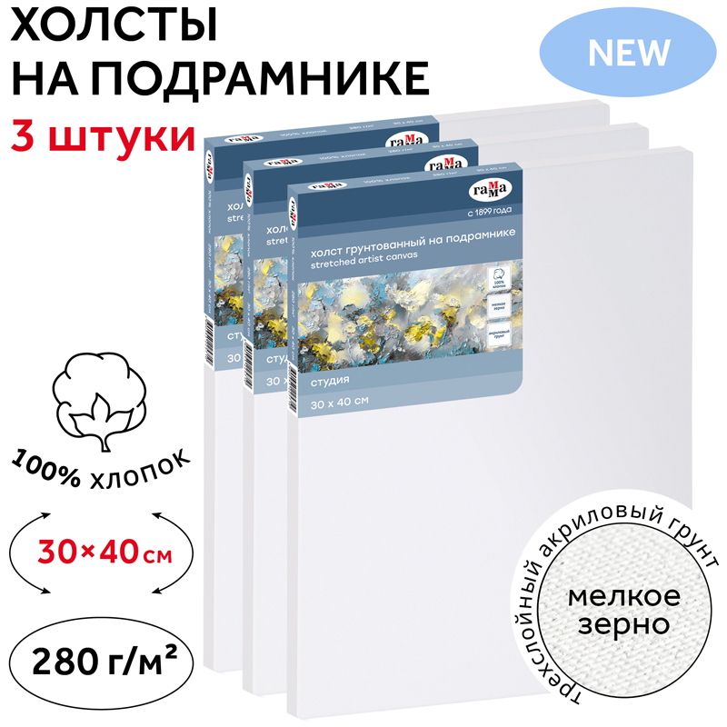 Набор холстов на подрамнике Гамма "Студия", 3шт., 30*40см, 100% хлопок, 280г/м2, мелкое зерно - фото 2