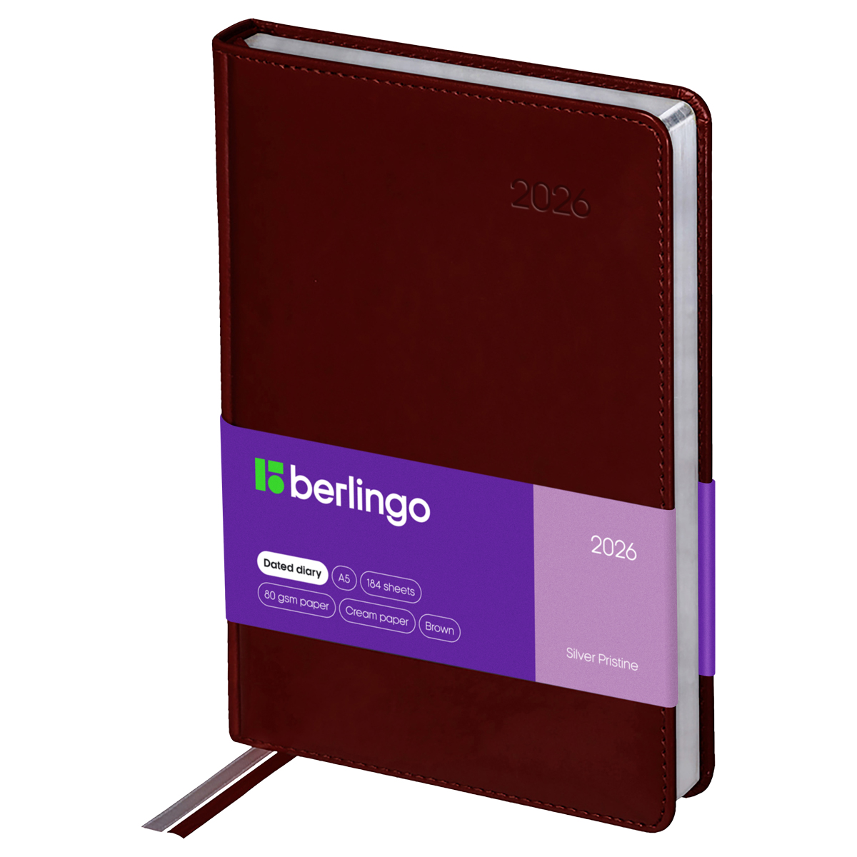 Ежедневник датированный 2026г., А5, 184л., кожзам, Berlingo "Silver Pristine", сер. срез, коричневый - фото 1