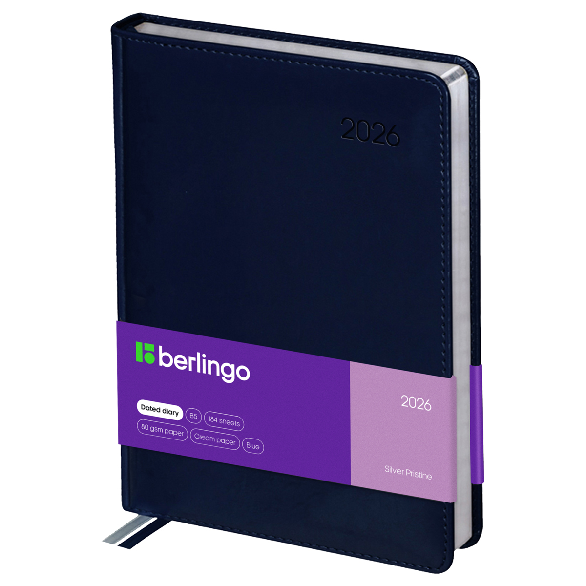 Ежедневник датированный 2026г., А4-(В5), 184л., кожзам, Berlingo "Silver Pristine", сер. срез, синий - фото 1