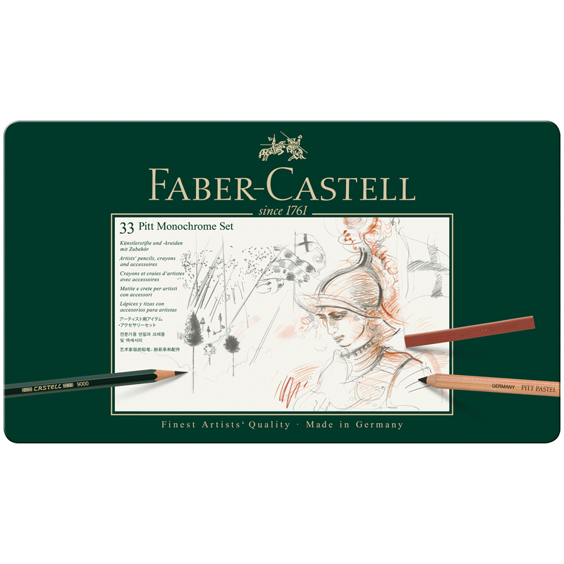 Набор художественных изделий Faber-Castell "Pitt Monochrome", 33 предмета, метал. коробка - фото 1