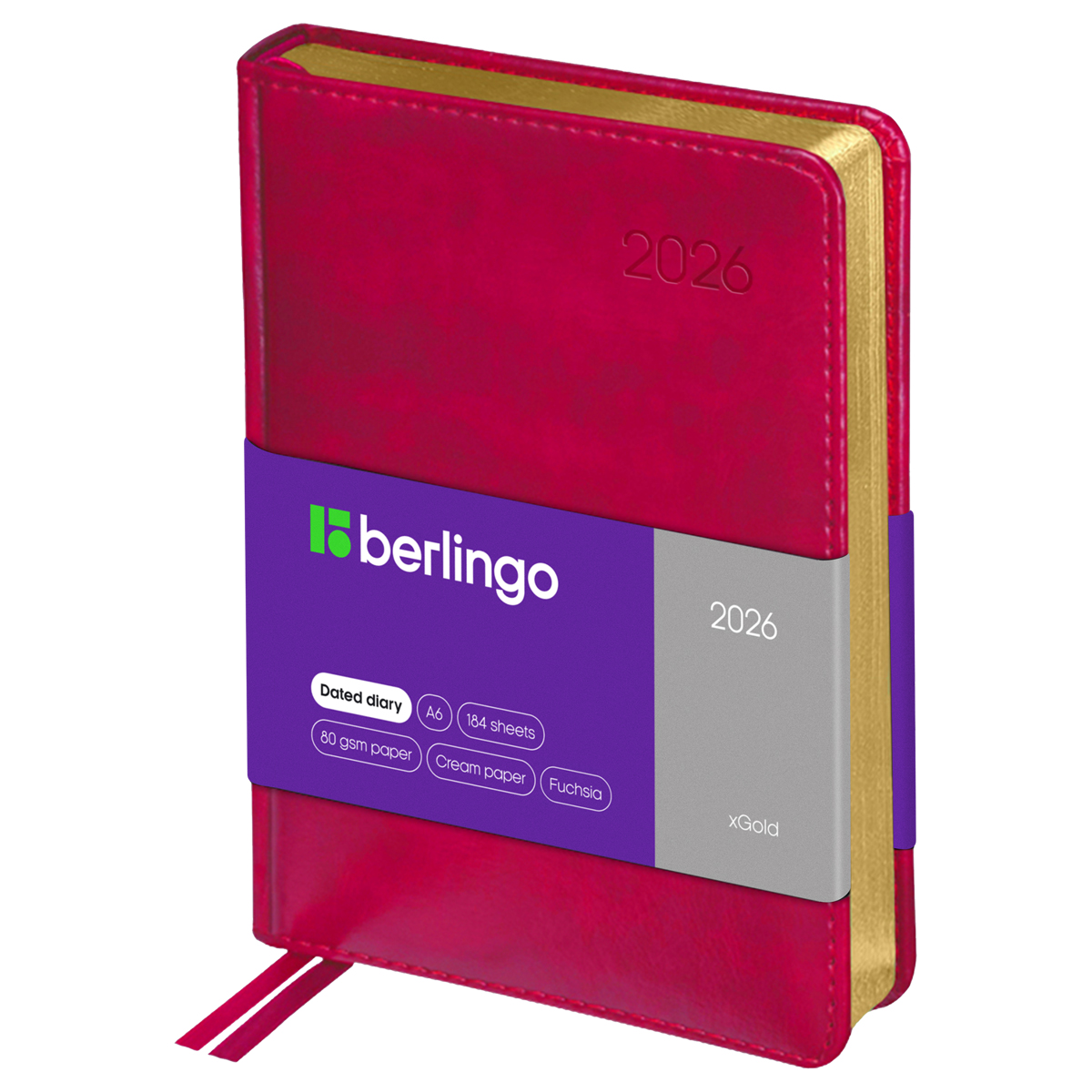 Ежедневник датированный 2026г., А6, 184л., кожзам, Berlingo "xGold", зол. срез, фуксия - фото 1
