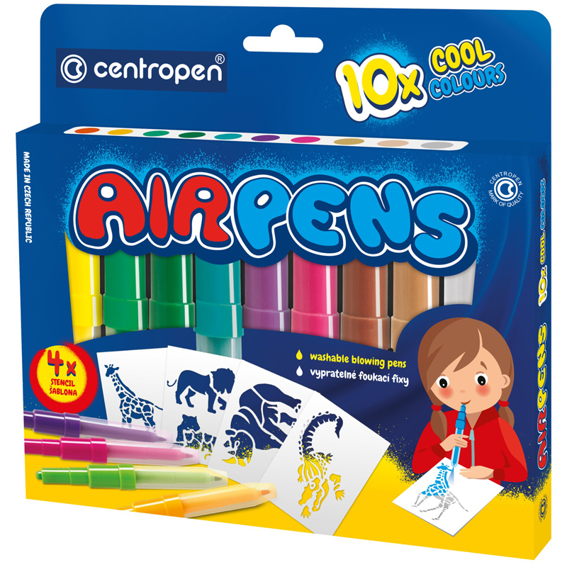 Фломастеры воздушные Centropen "AirPens Cool", 10цв.+4 трафарета, картон. упаковка - фото 1
