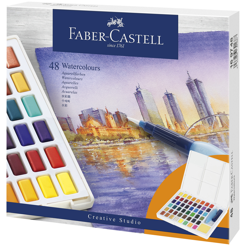 Акварель художественная Faber-Castell "Watercolours", 48цв., кюветы, + кисть "Water Brush"+ съемная палитра, пластиковая упаковка - фото 1
