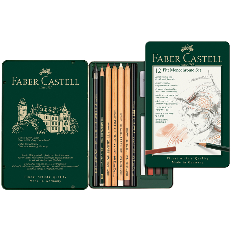 Набор художественных изделий Faber-Castell "Pitt Monochrome", 12 предметов, метал. коробка - фото 2