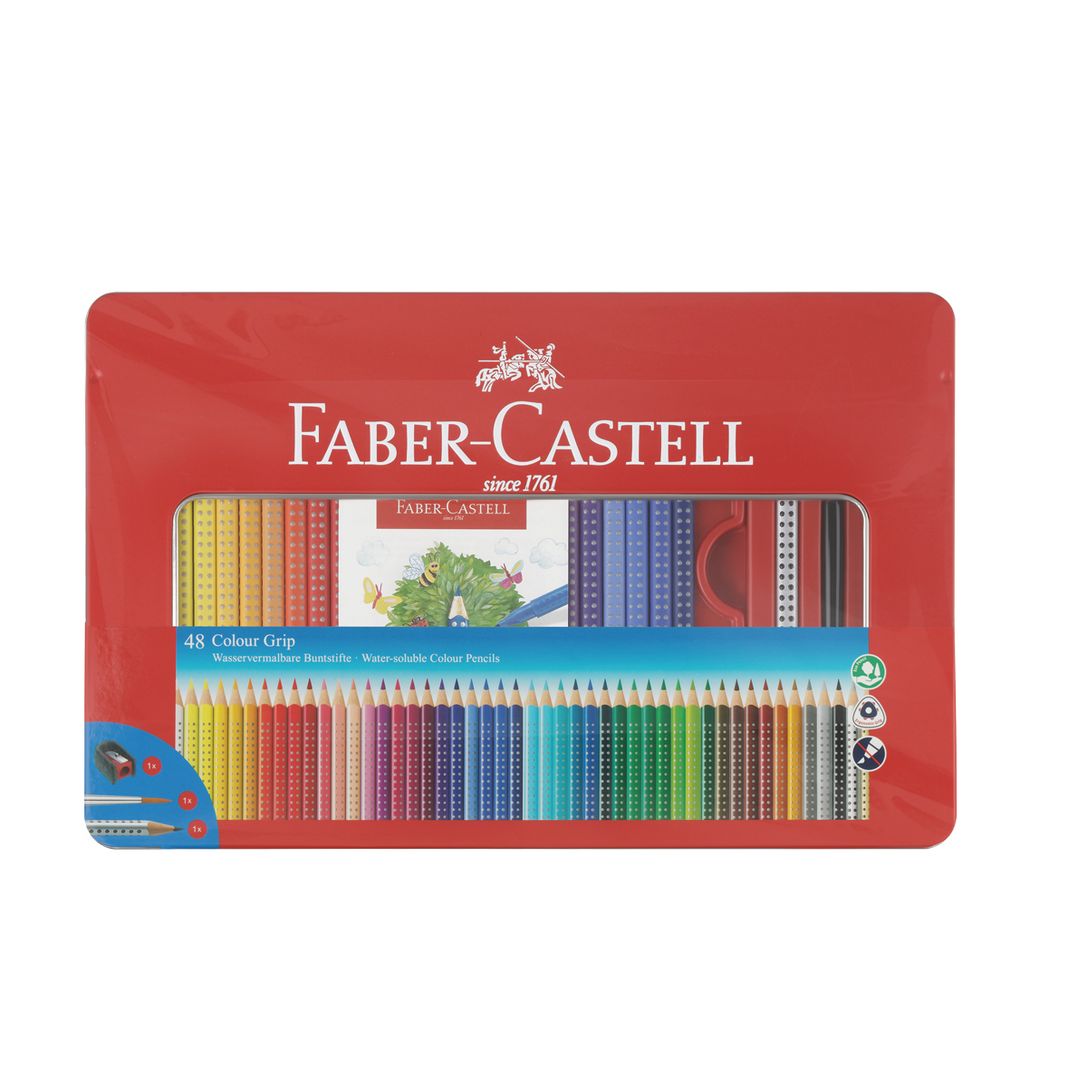 Карандаши цветные Faber-Castell "Grip", 48цв., трехгран., заточ.+ч/г кар. Grip+точилка+кисть, метал. коробка - фото 2