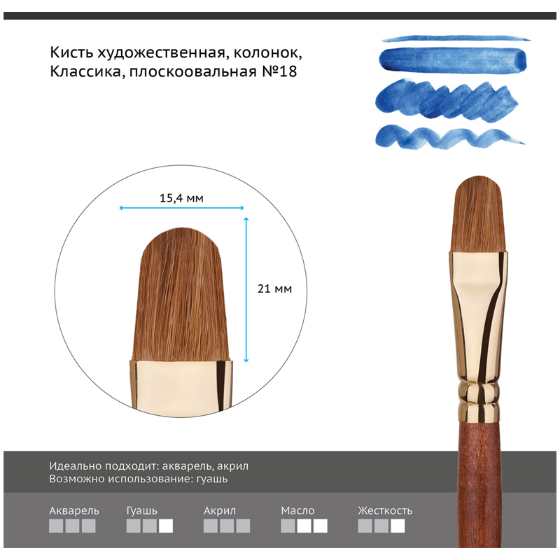 Кисть художественная колонок Гамма "Классика", плоскоовальная №18 - фото 2