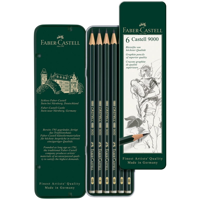 Набор карандашей ч/г Faber-Castell "Castell 9000", 6шт., HB-8B, заточен., метал. кор. - фото 4