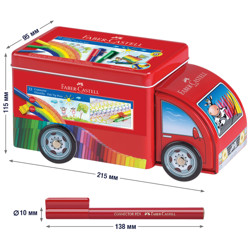 Набор для рисования Faber-Castell "Connector Truck" 33 фломастера+10 клипс, металлическая коробка - фото 4