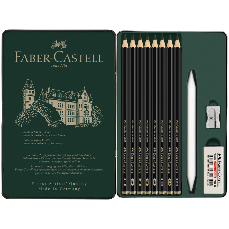 Набор карандашей ч/г матовых Faber-Castell "Pitt Graphite Matt" HB, 2B, 4B, 6B, 8B, 10B, 12B, 14B, заточ, ластик, метал.точилка, растушевка, метал.кор - фото 1