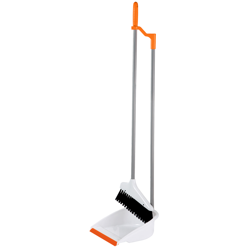 Совок для мусора OfficeClean Professional со щеткой-сметкой, метал. ручка 71,5см, пластик, рез. кромка, бело-оранжевый - фото 1