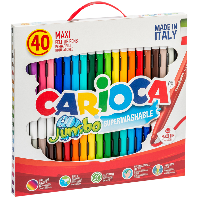 Фломастеры Carioca "Jumbo", 40шт., 24цв., утолщенные, смываемые, картон, с ручкой - фото 1
