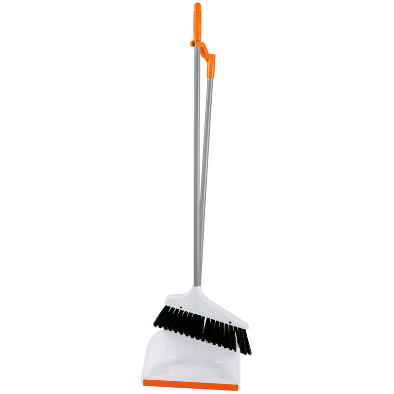 Совок для мусора OfficeClean Professional со щеткой-сметкой, метал. ручка 71,5см, пластик, рез. кромка, бело-оранжевый - фото 2