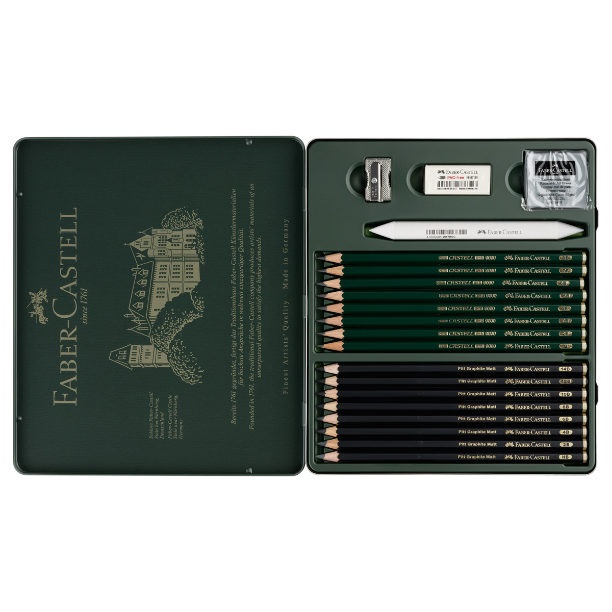 Набор карандашей ч/г Faber-Castell "Pitt Graphite Matt" и "Castell 9000", 20 предметов, заточен., метал. кор. - фото 5