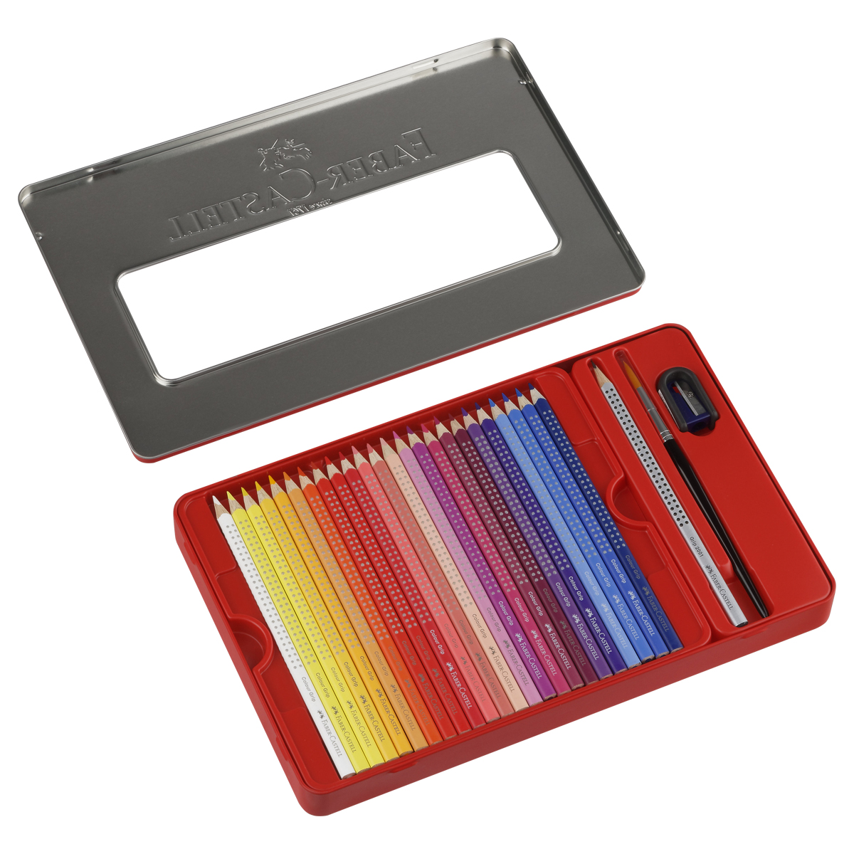 Карандаши цветные Faber-Castell "Grip", 48цв., трехгран., заточ.+ч/г кар. Grip+точилка+кисть, метал. коробка - фото 6