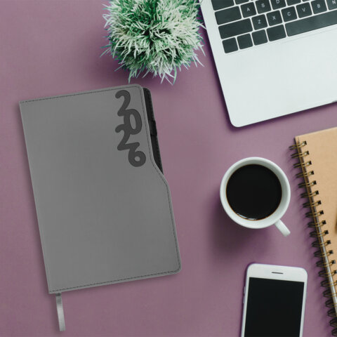 Ежедневник датированный 2026, А5, 150x213 мм, BRAUBERG "Up", под кожу, софт-тач, держатель для ручки, серый, 117119 - фото 5