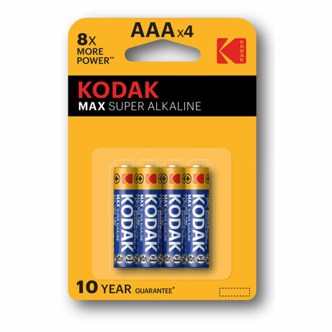 Батарейки алкалиновые "мизинчиковые" КОМПЛЕКТ 4 шт., KODAK Max Super Alkaline, ААА (LR03,15А), блистер, Б0005124 - фото 1