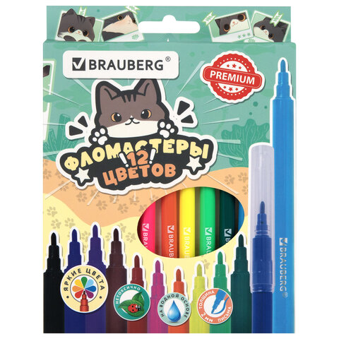 Фломастеры кросс-серия МИЛЫЕ КОТЫ, 12 цветов, вентилируемый колпачок, картонная коробка с европодвесом, BRAUBERG, 152620 - фото 2