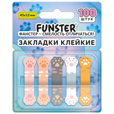 Закладки клейкие Z-сложения FUNSTER (ФАНСТЕР) "Лапки котов", 45х12 мм, 100 шт. (5 цветов х 20 листов), в диспенсере, 116691 - фото 1
